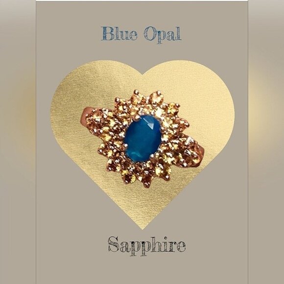 925 Sterling Silver Ring 8.25 with Natural Blue Opal 7x5mm & Sapphire Gemstone - Picture 4 of 4